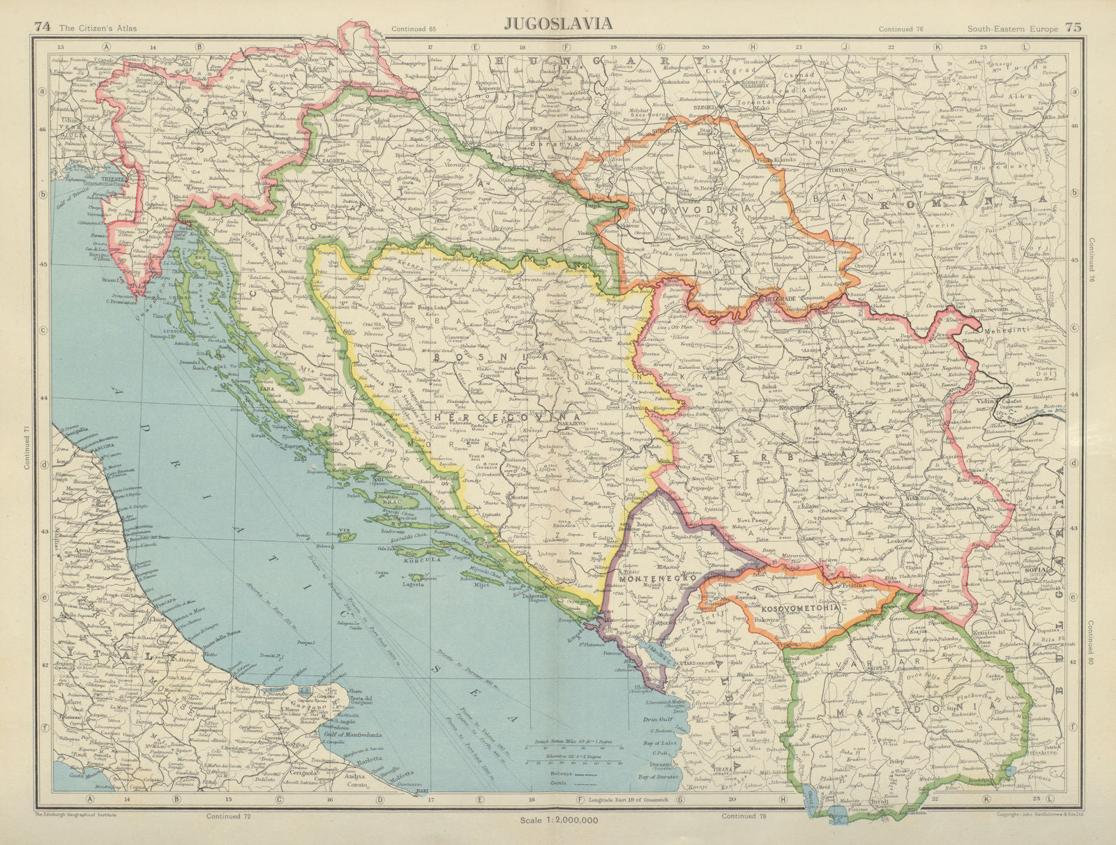 YUGOSLAVIA. Trieste international zone. Slovenian Istria. BARTHOLOMEW 1947 map